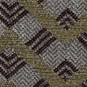 Woven fabric swatch in olive green, dark brown, and gray features a diagonal chevron pattern with a raised, textured weave and printed label.